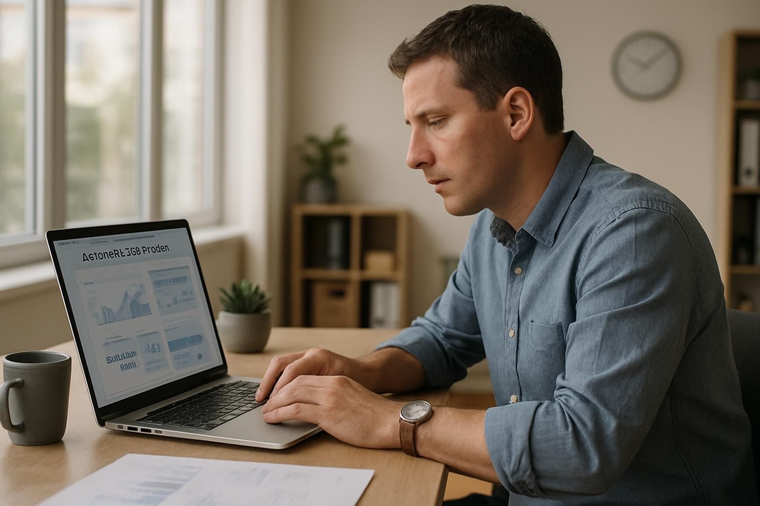 Man in blue shirt working on a laptop at a desk with charts displayed.