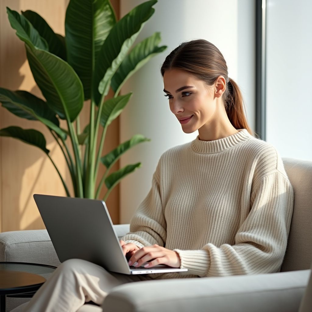 A woman is sitting on a couch using a laptop computer.