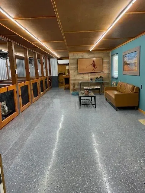 Dog boarding facility with kennels, living area with sofa, and shiny floor.