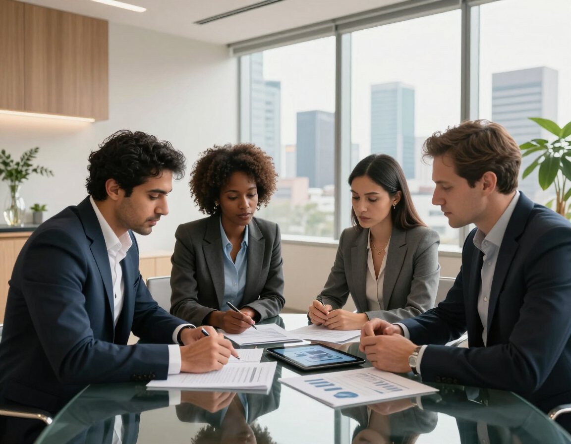 Equipo de consultoría financiera de Dualé Consulting Group en una reunión profesional