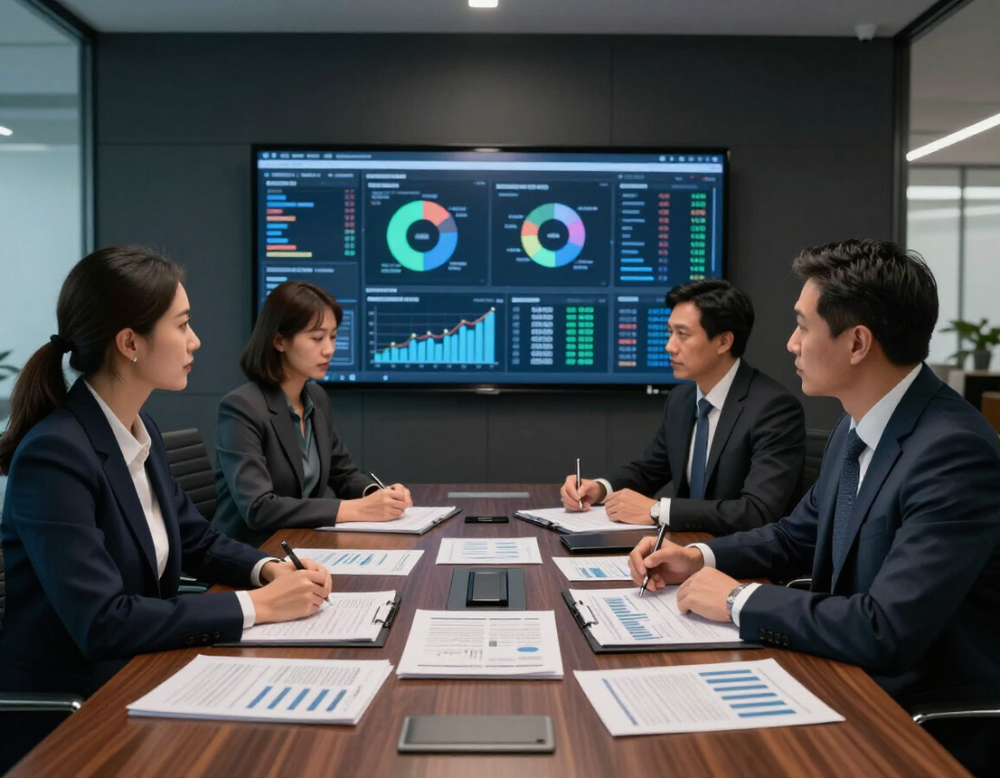 Equipo de consultoría financiera en reunión estratégica