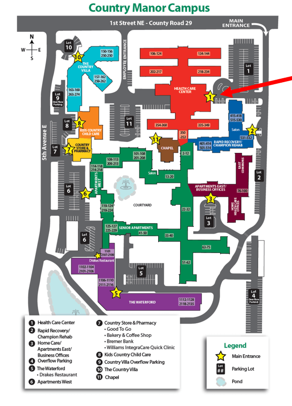 A map of the country manor campus with a red arrow pointing to a building.