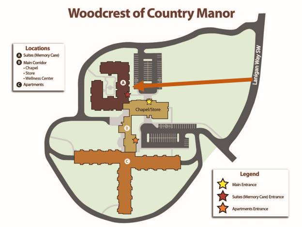 A map showing the location of woodcrest of country manor