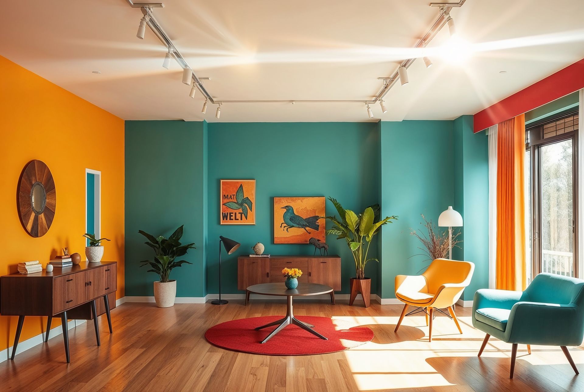 A modern living room interior with colourful walls and contemporary decor. A modern living room interior with colourful walls and contemporary decor.