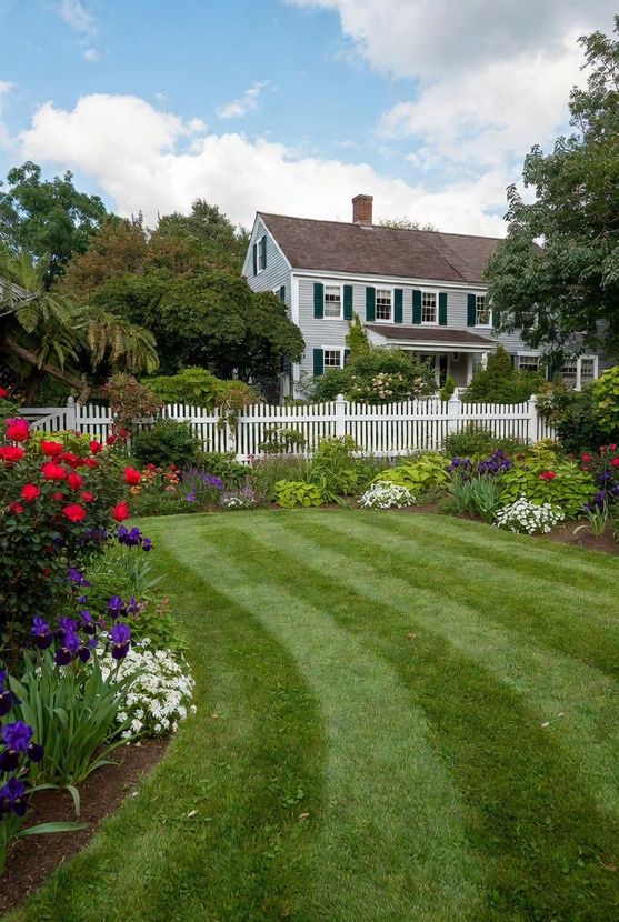 Well-maintained New England backyard with manicured lawn and landscaped garden beds
