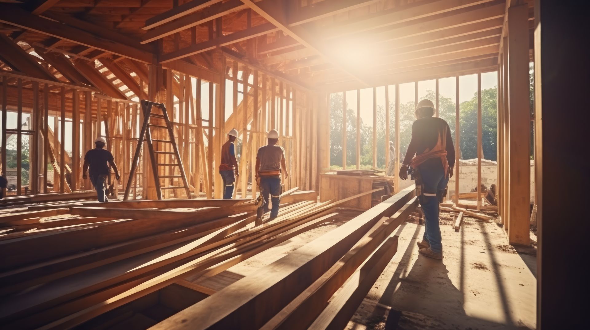 Un groupe d'ouvriers du bâtiment se promène dans un bâtiment en construction.