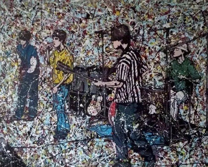 A painting of a band playing instruments on a stage