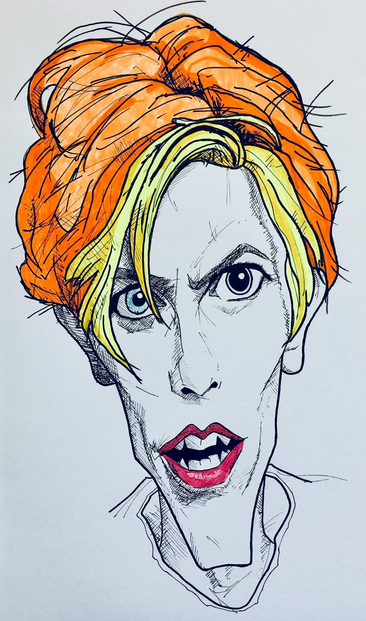 A drawing of a woman with orange hair and red lips
