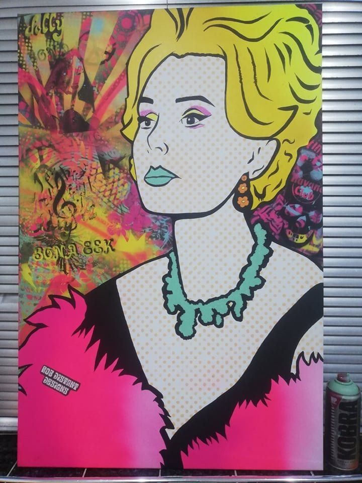 A painting of a woman in a pink dress with a green necklace