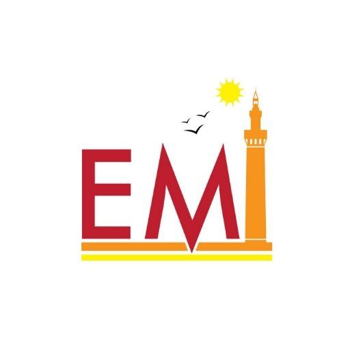 A logo for emi with a statue of liberty in the background