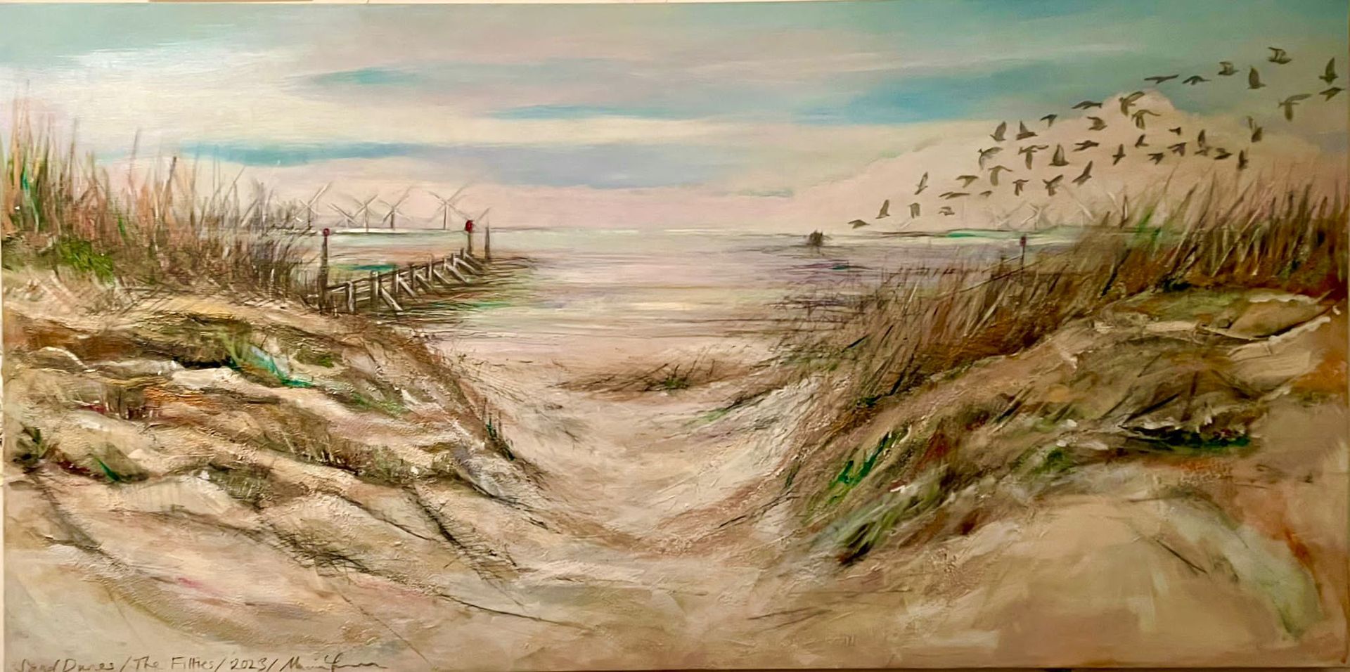 A painting of a sandy path leading to the ocean.