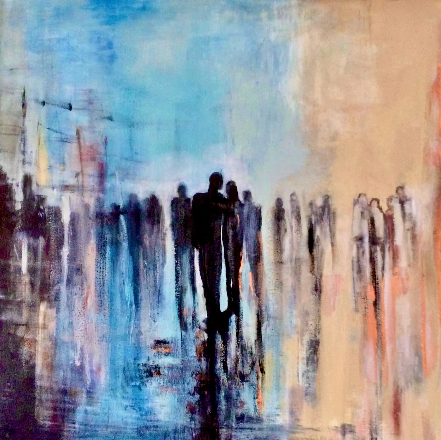 A painting of a group of people walking down a street.