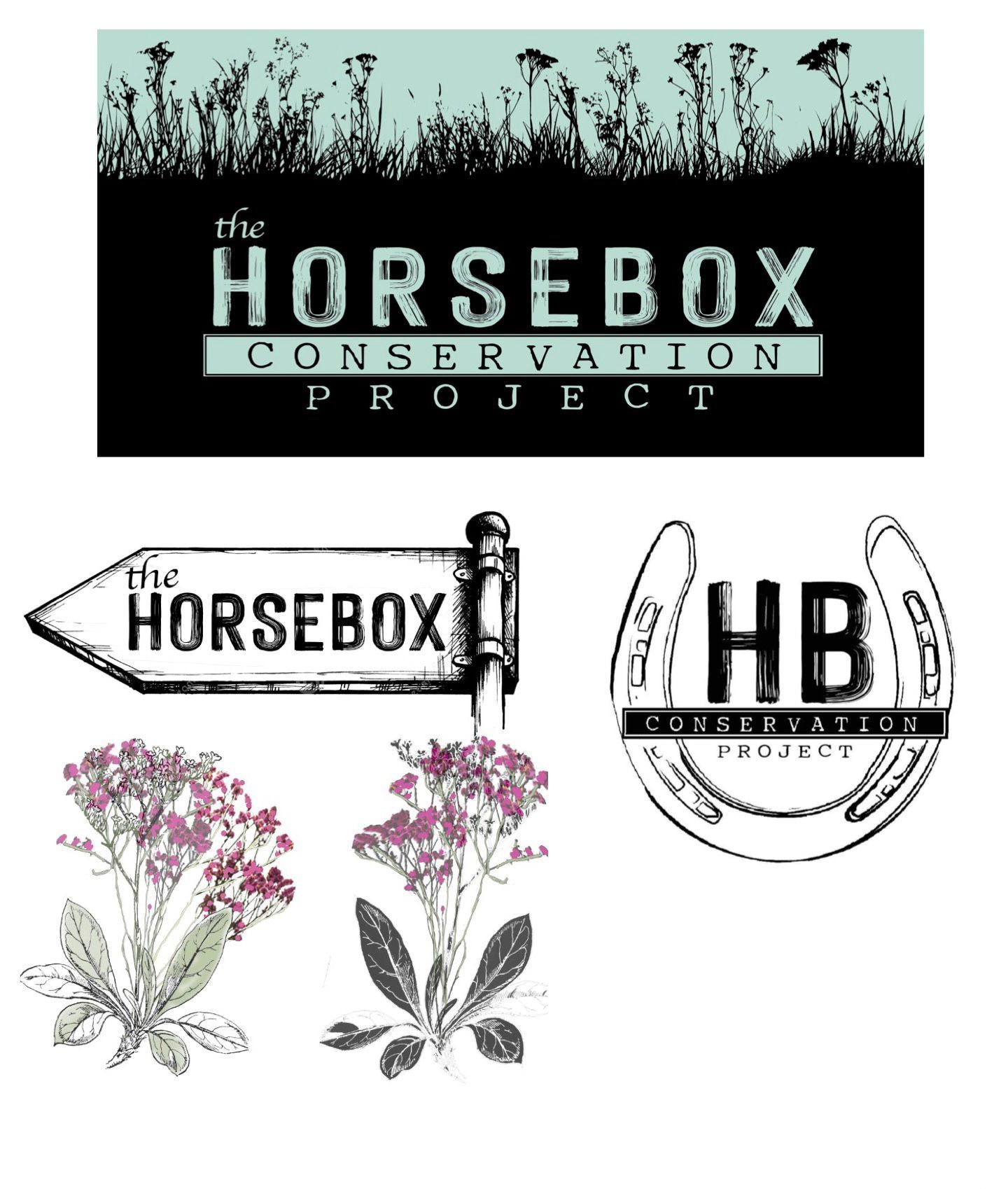 A horsebox conservation project logo with flowers and a horseshoe