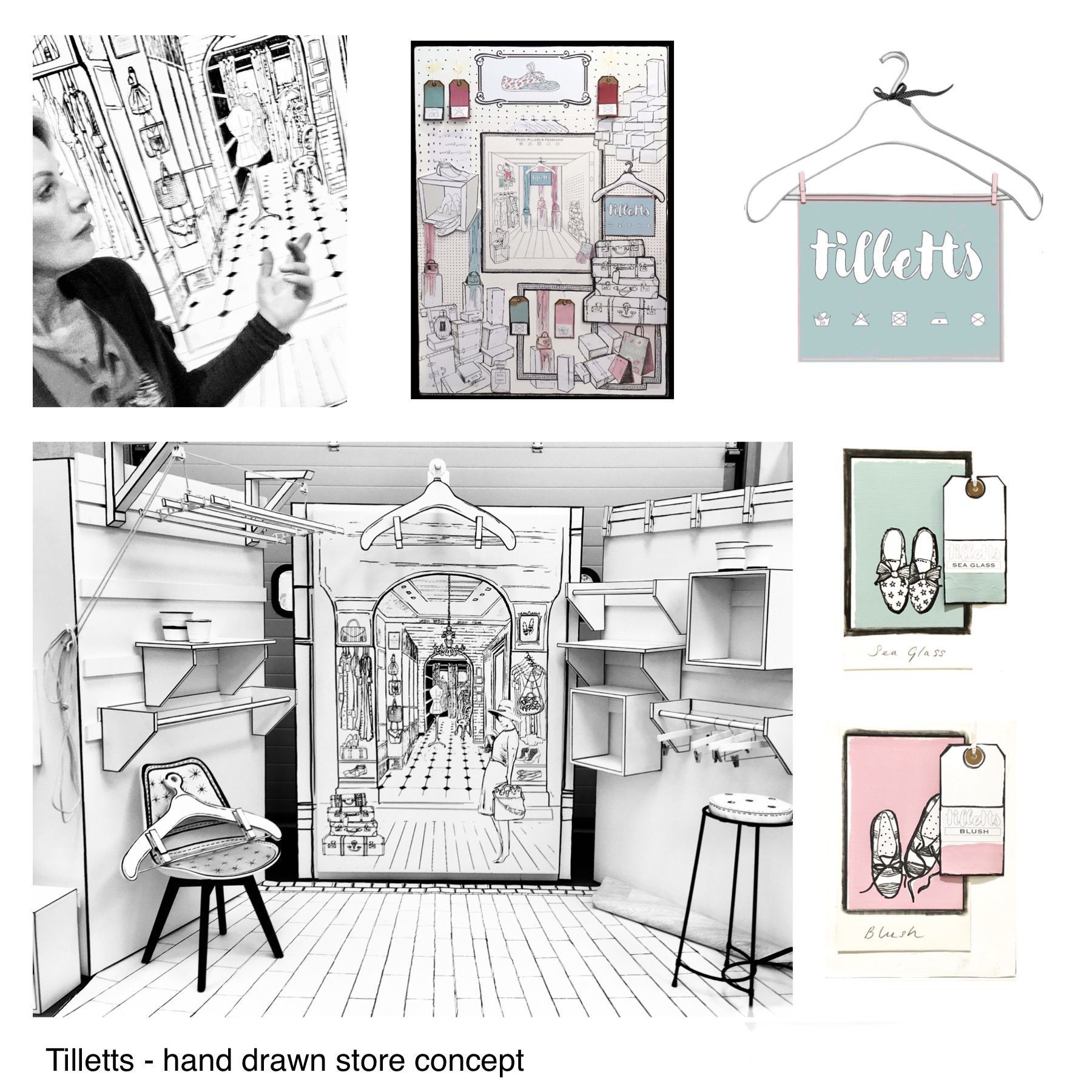 A black and white drawing of a store with a woman standing in front of it.