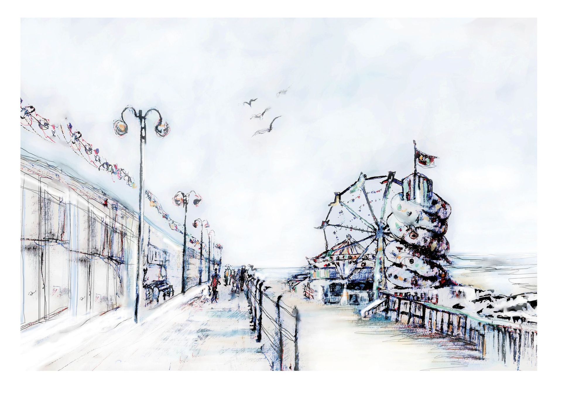 A drawing of a pier with a ferris wheel in the background