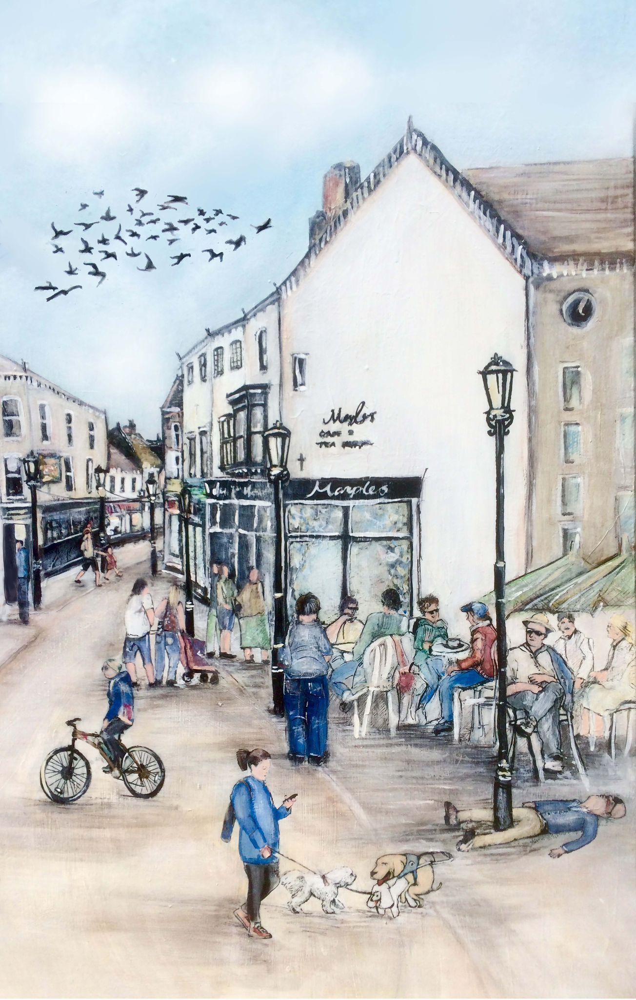 A watercolor painting of a city street with people sitting outside of a restaurant.