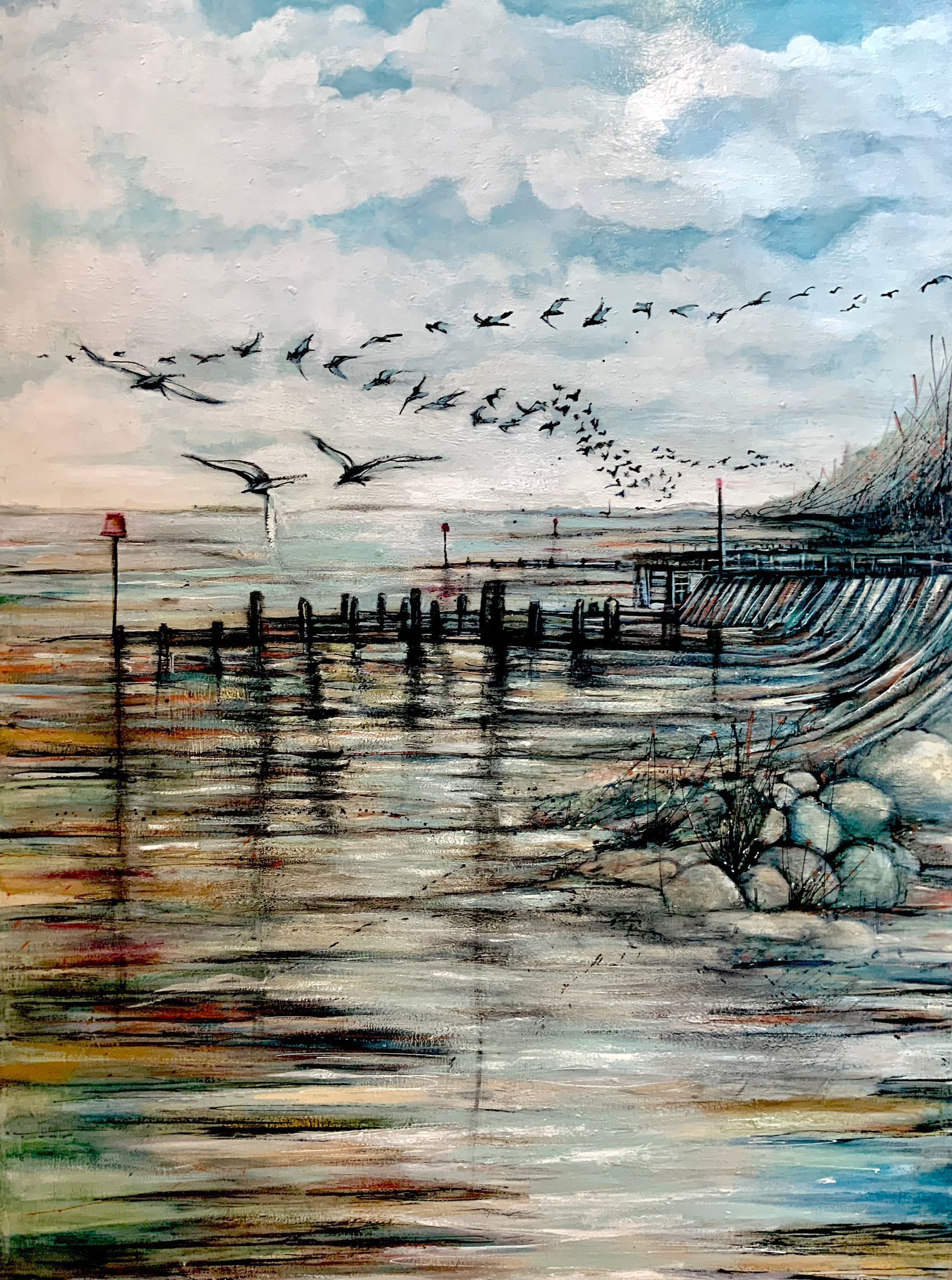 A painting of a flock of birds flying over a body of water.