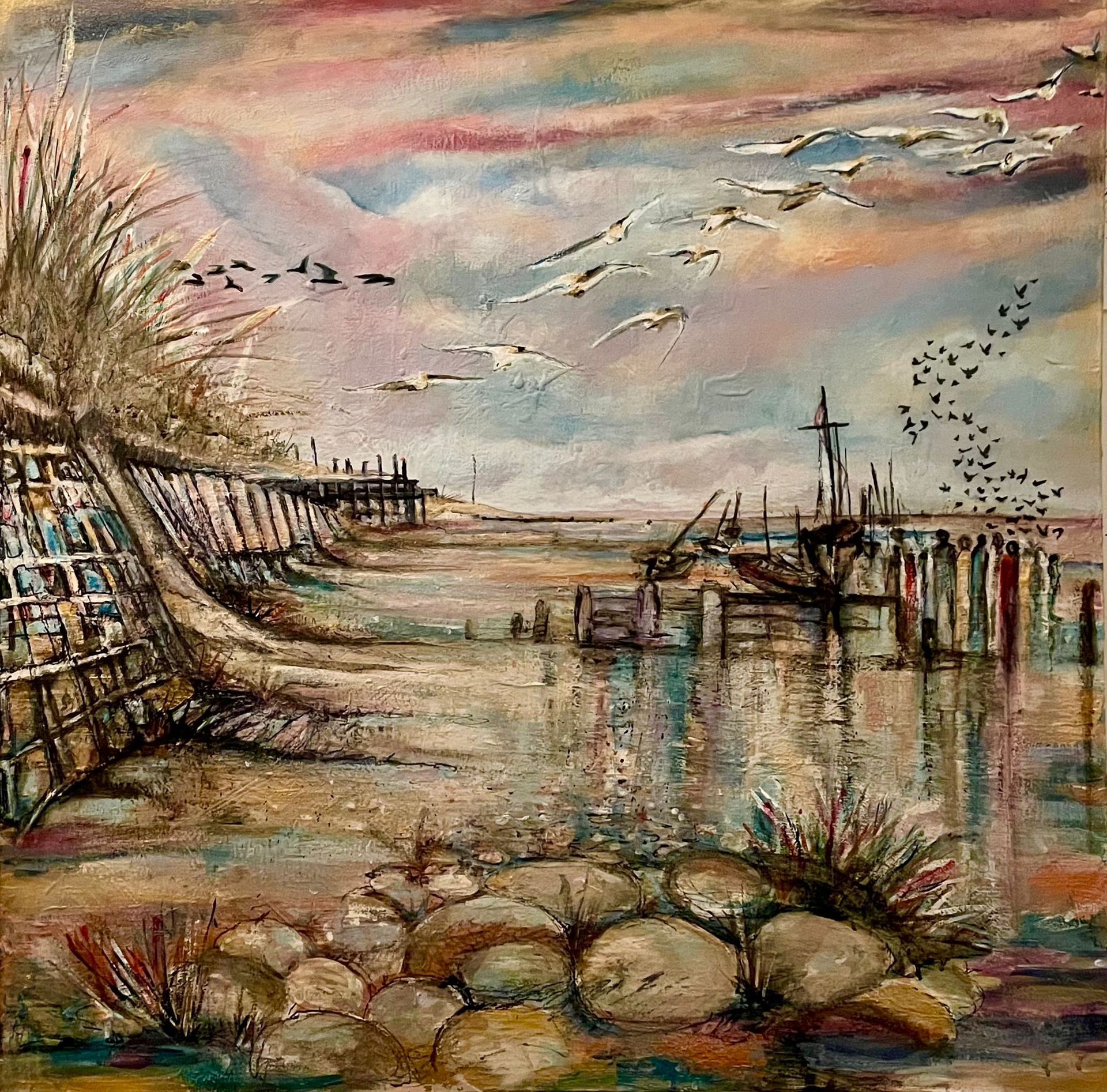 A painting of birds flying over a body of water.