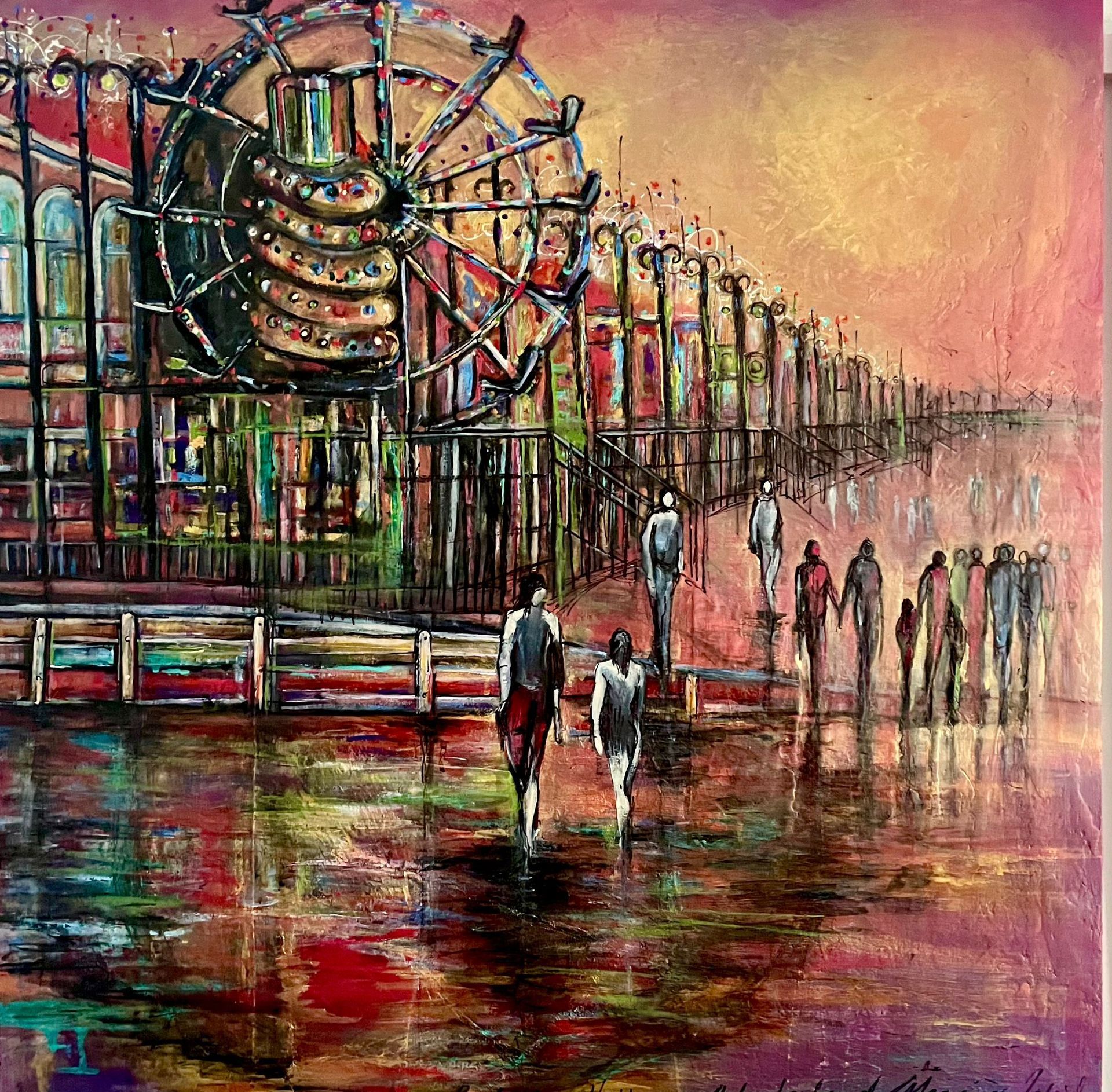 A painting of people walking in front of a ferris wheel
