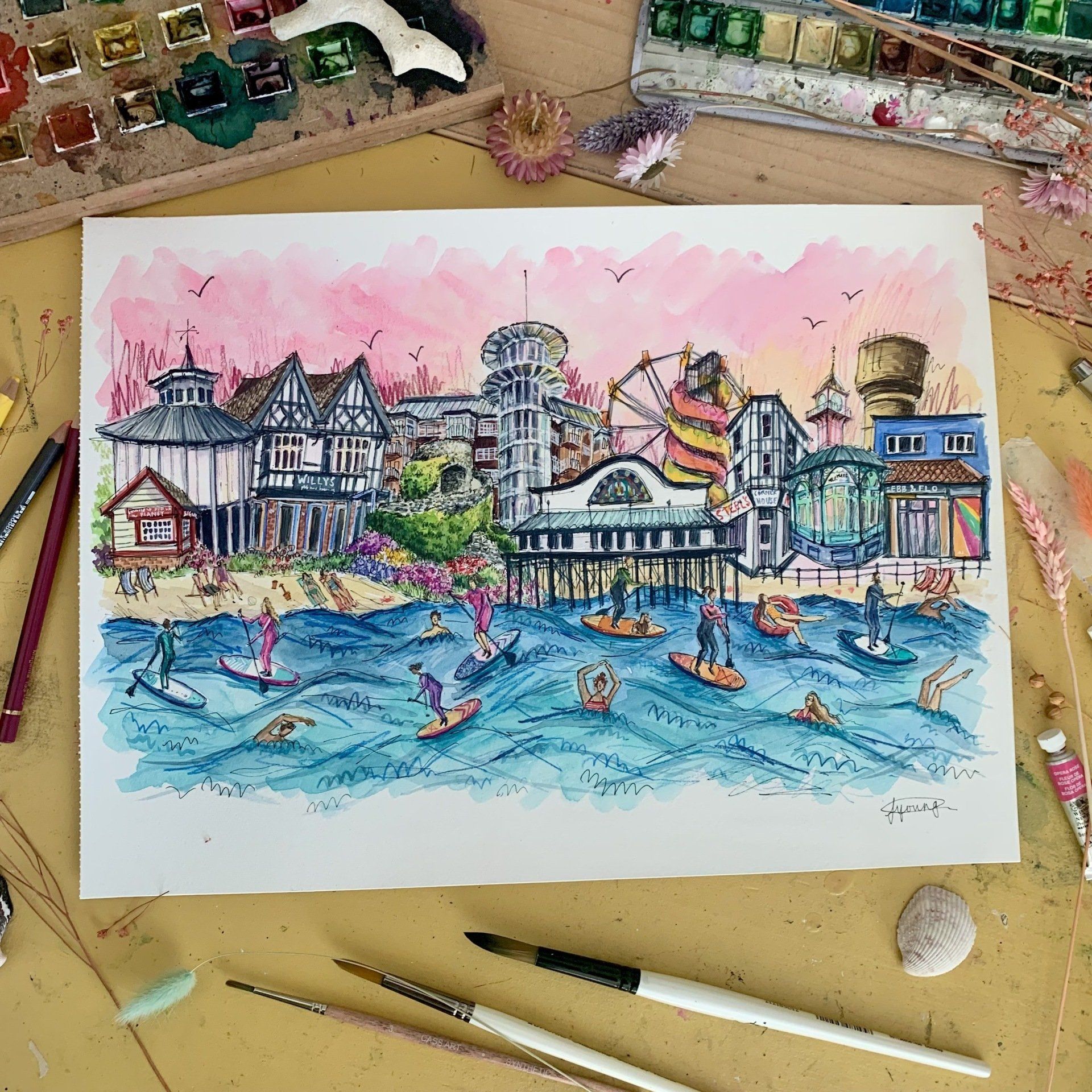 A watercolor painting of a beach scene with people on boats