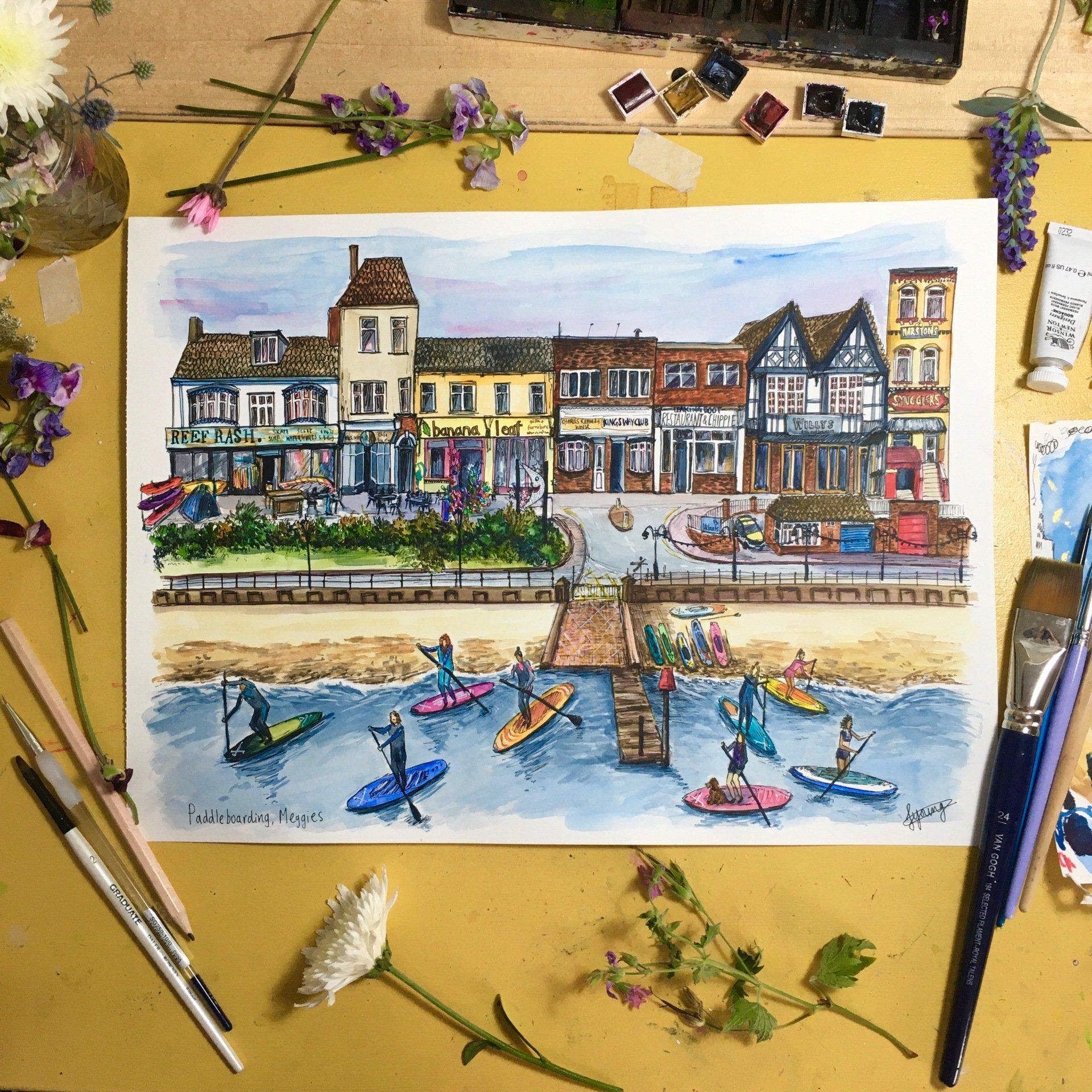 A watercolor painting of a city with people on surfboards