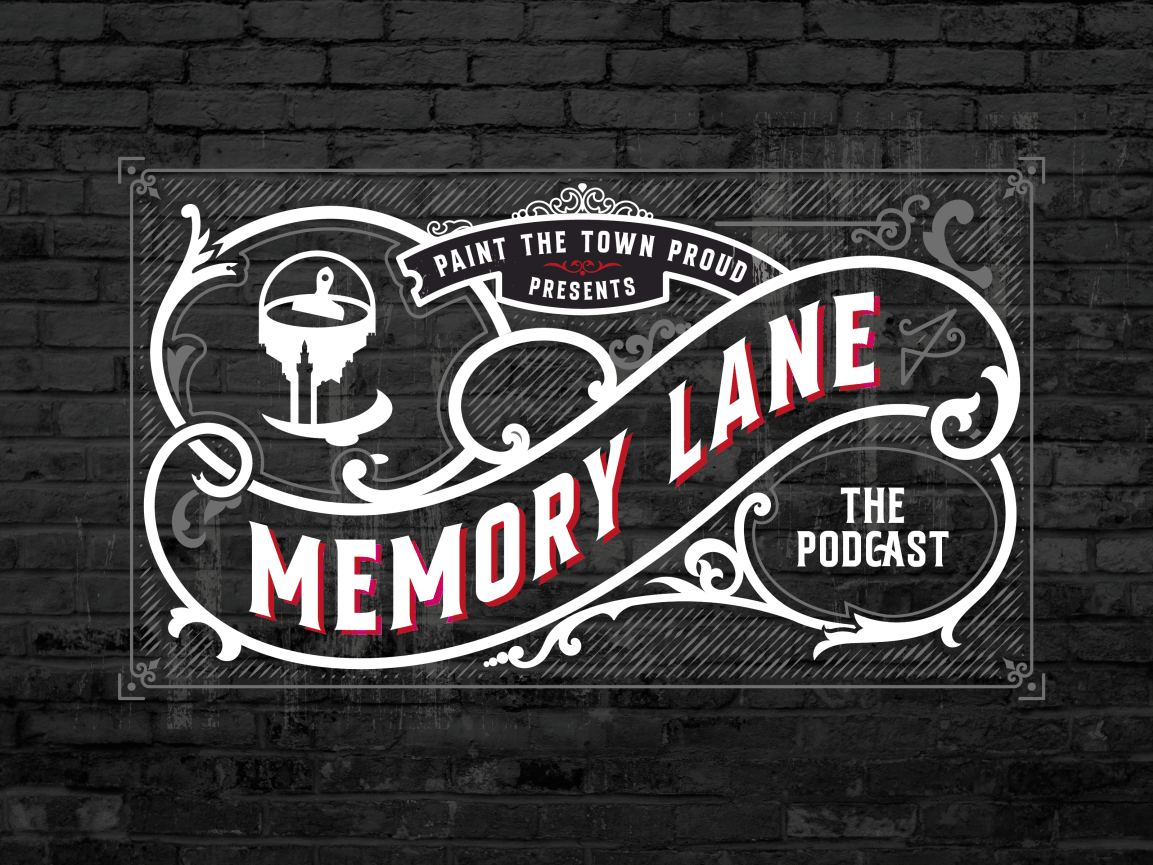 The logo for memory lane the podcast is on a black brick wall.