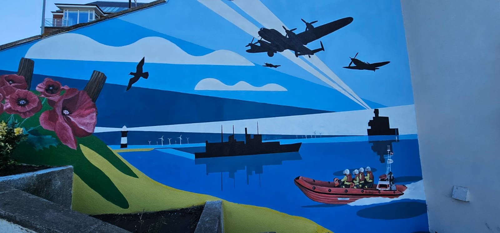 A painting of a plane flying over a body of water