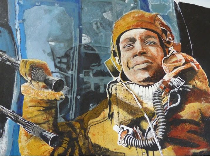 A painting of a man wearing a helmet and gas mask