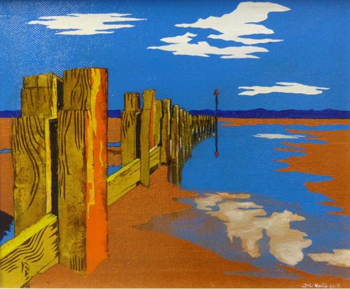 A painting of a pier with a blue sky and clouds