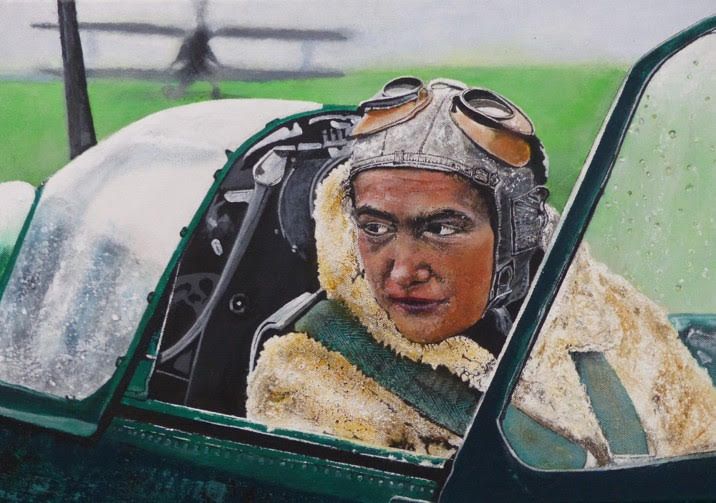 A painting of a man in a helmet sitting in a plane