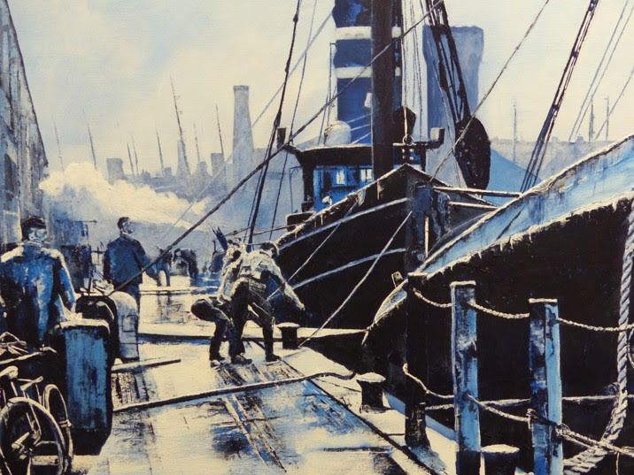 A painting of a ship docked at a dock