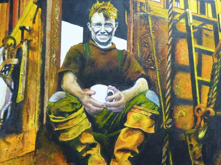 A painting of a man sitting in a doorway holding a cup of coffee