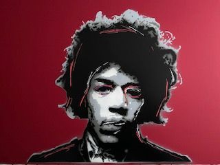 A painting of jimi hendrix on a red background.