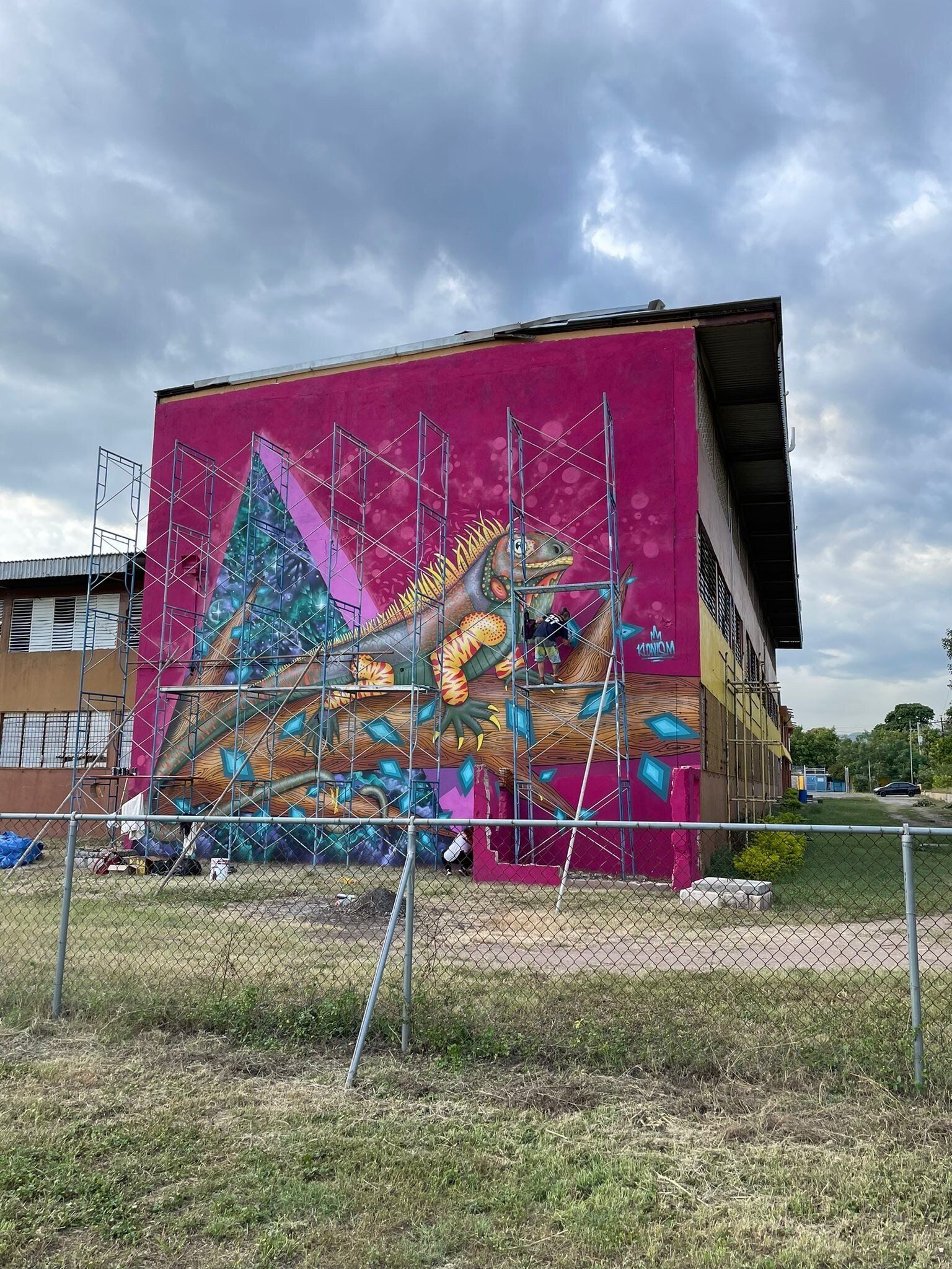 A large mural is being painted on the side of a building.