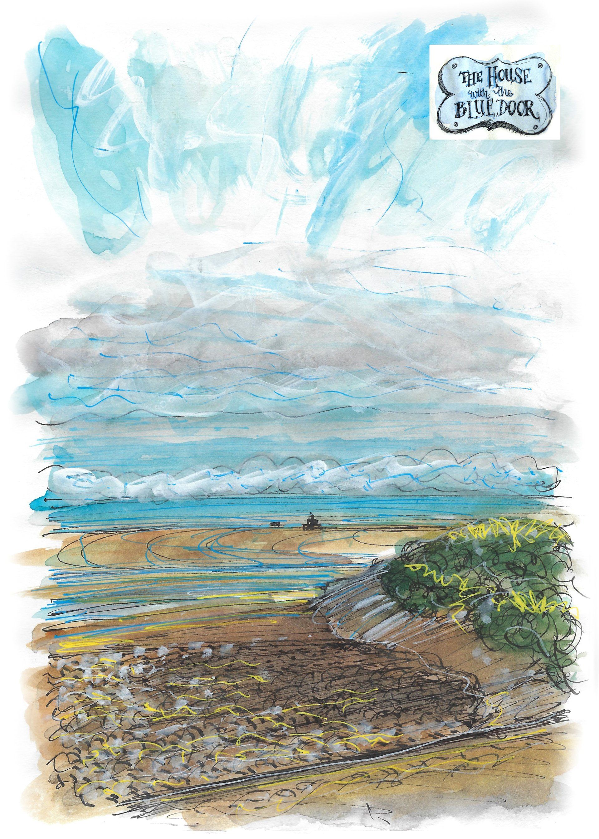 A watercolor painting of a beach with a blue sky and clouds