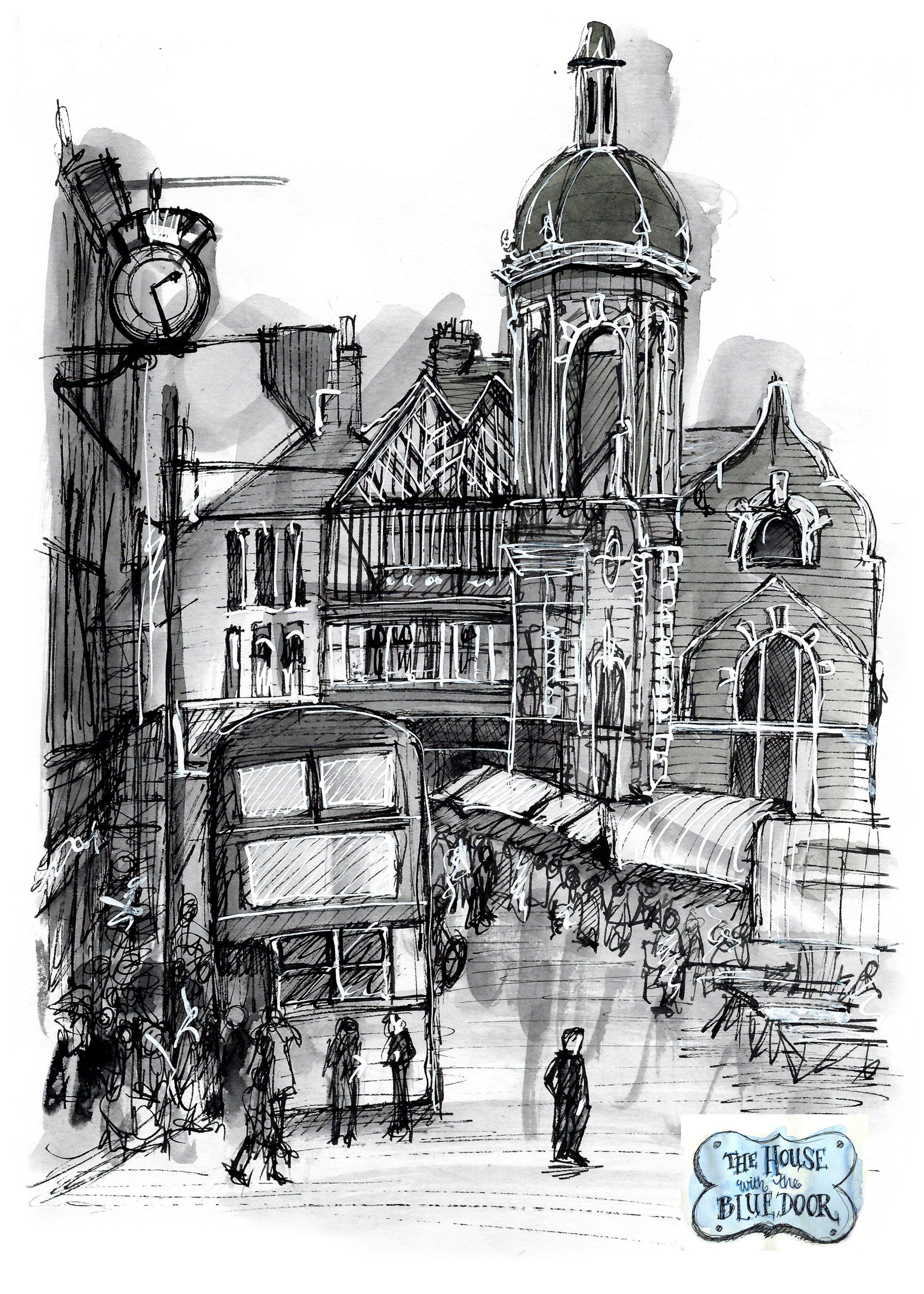 A black and white drawing of a city street with people walking down it.