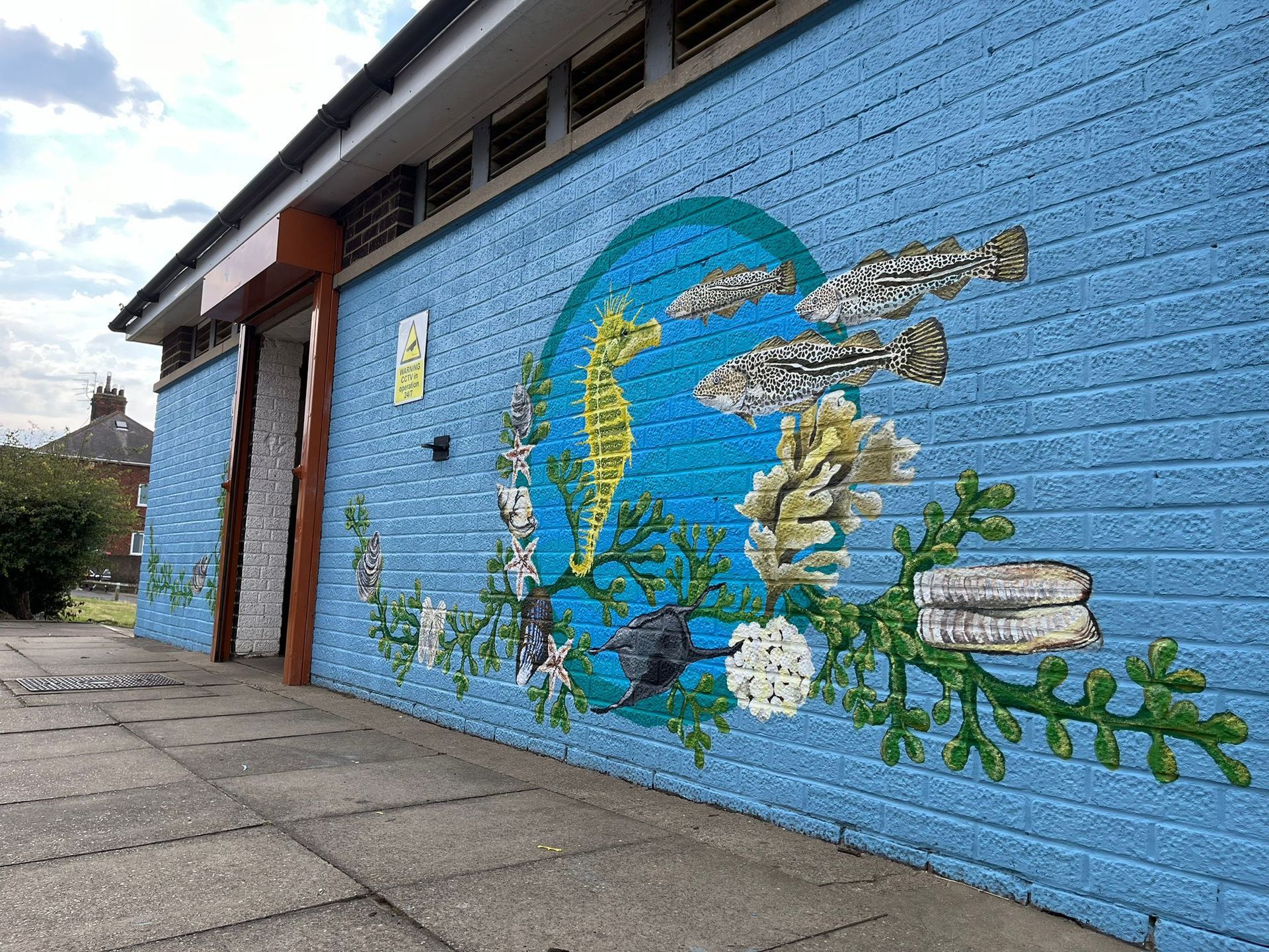 A blue brick wall with a painting of a seahorse on it.