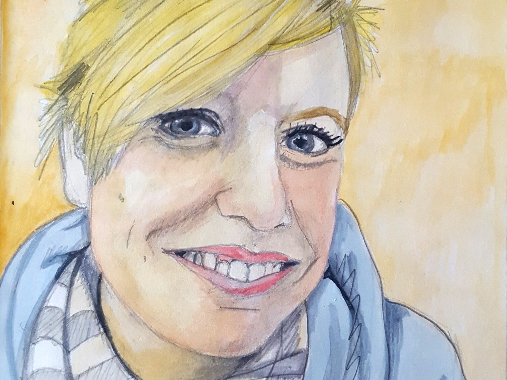 A close up of a woman 's face in a watercolor painting.
