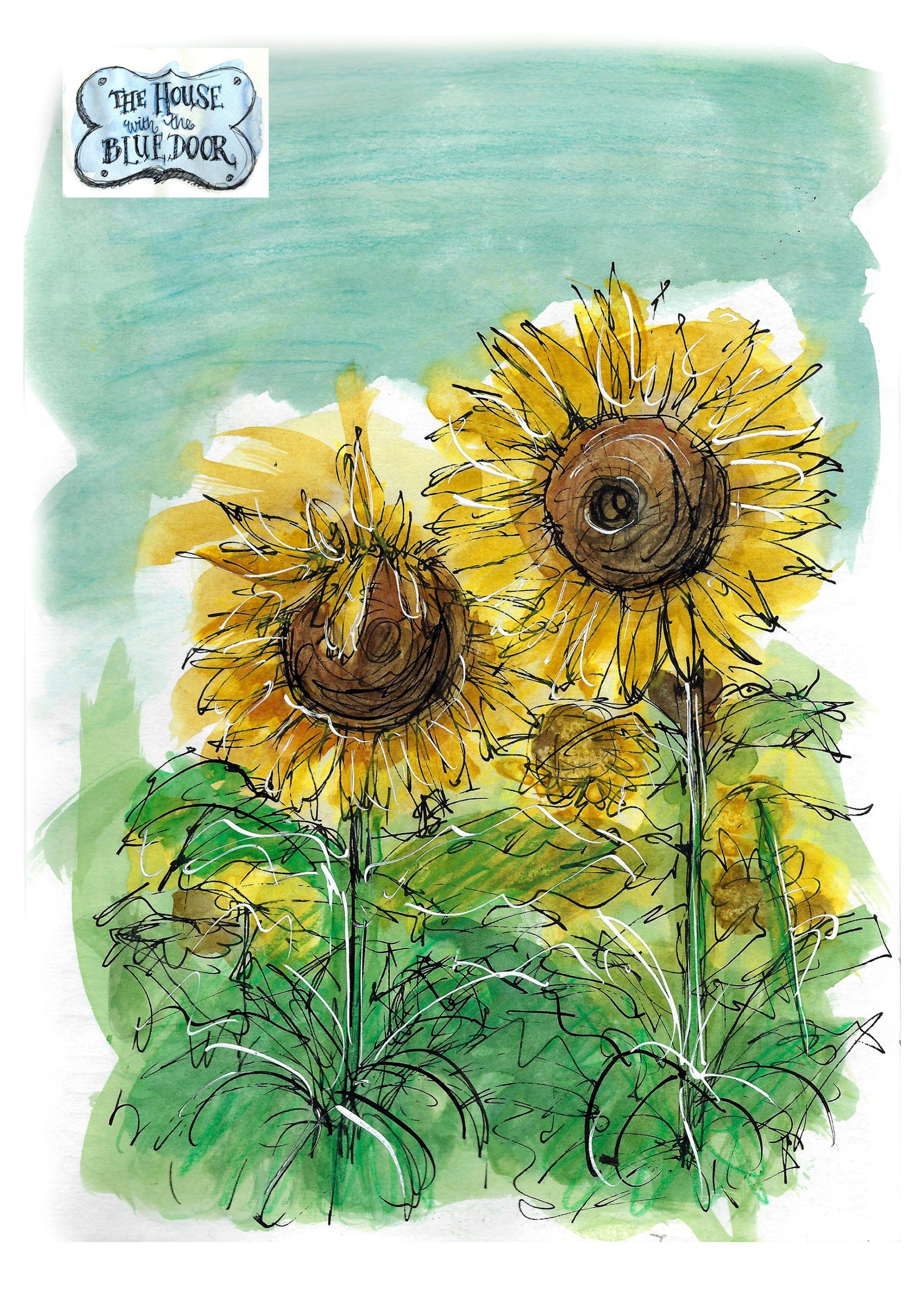 A watercolor painting of two sunflowers in a field