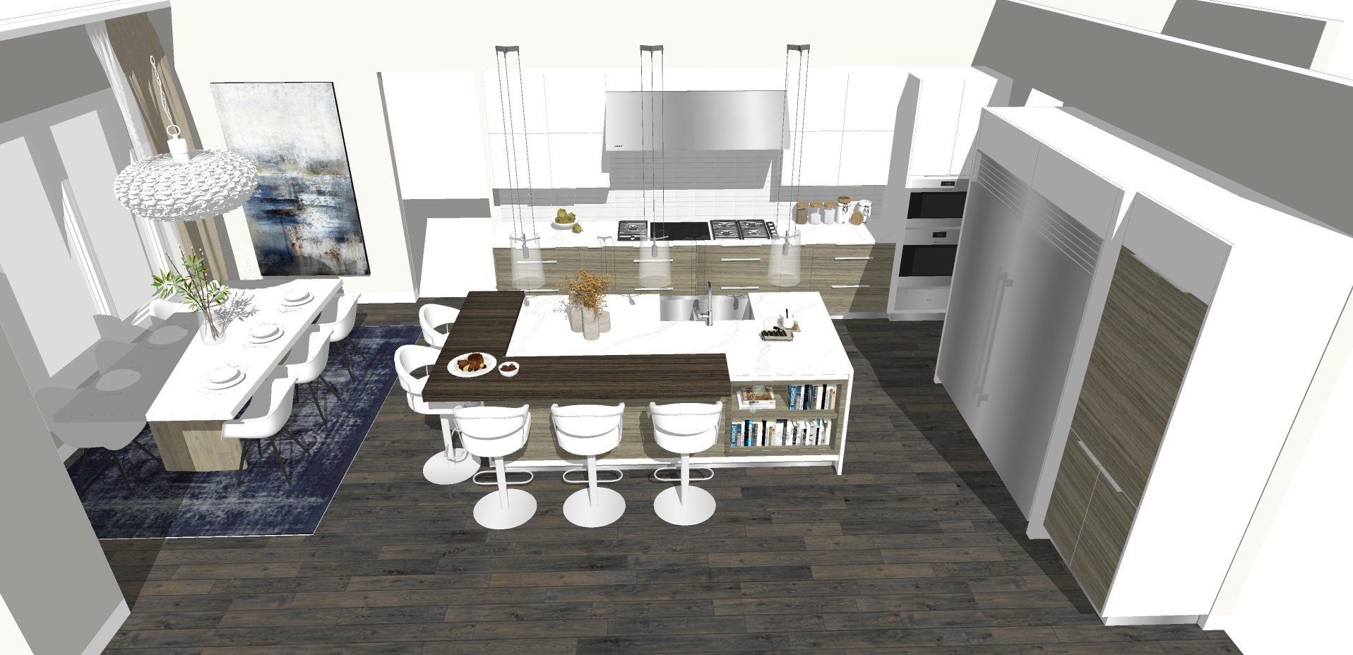 A computer generated image of a kitchen and dining room.