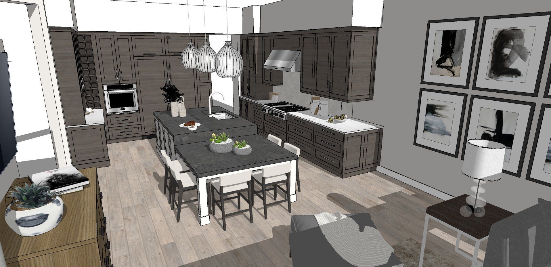 A computer generated image of a kitchen and dining room.