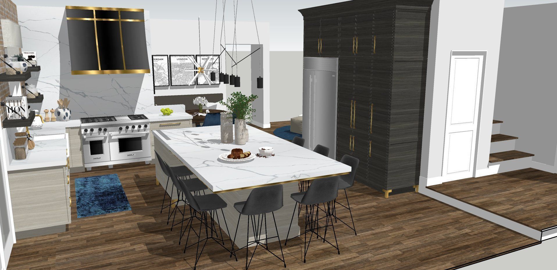A 3d rendering of a kitchen with a large island in the middle.