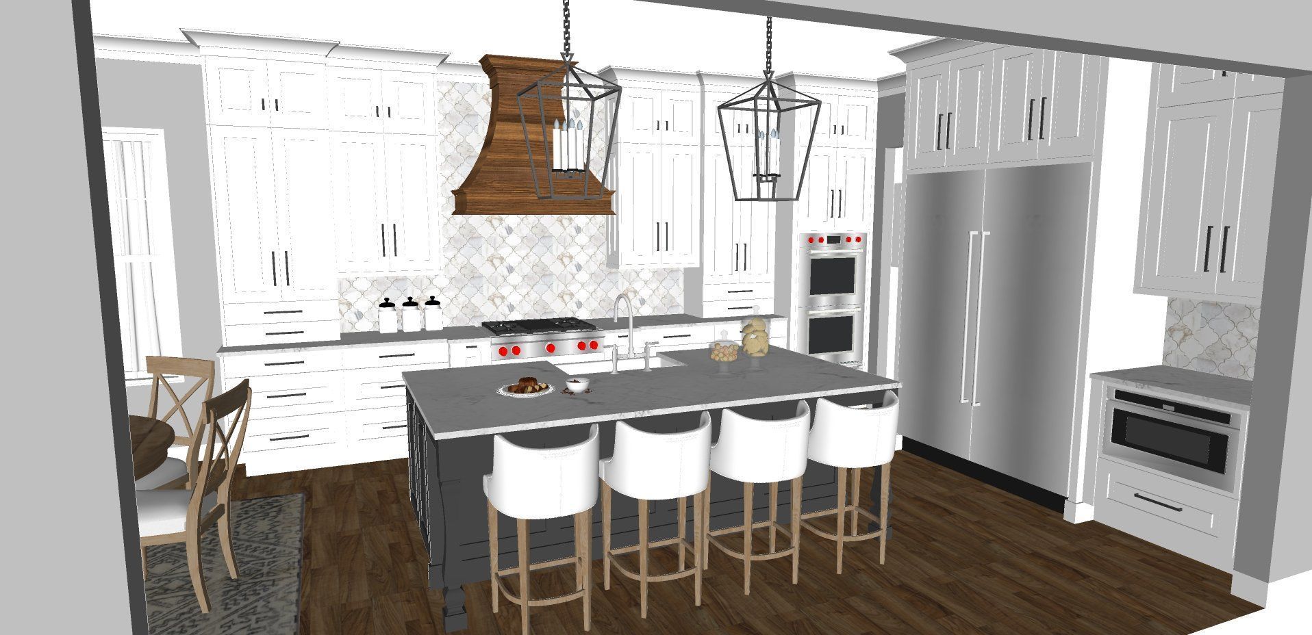 A 3d rendering of a kitchen with white cabinets and stainless steel appliances.