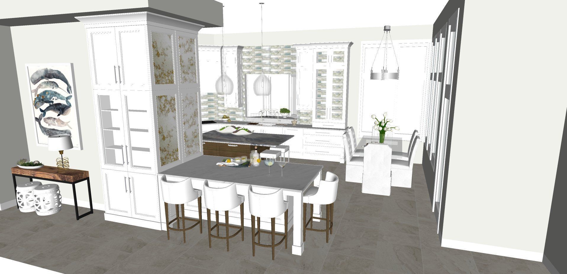 A computer generated image of a kitchen and dining room.