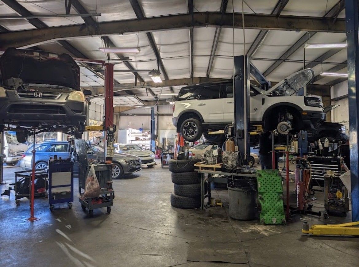 Cars being worked on in a busy auto repair shop; several vehicles on lifts.