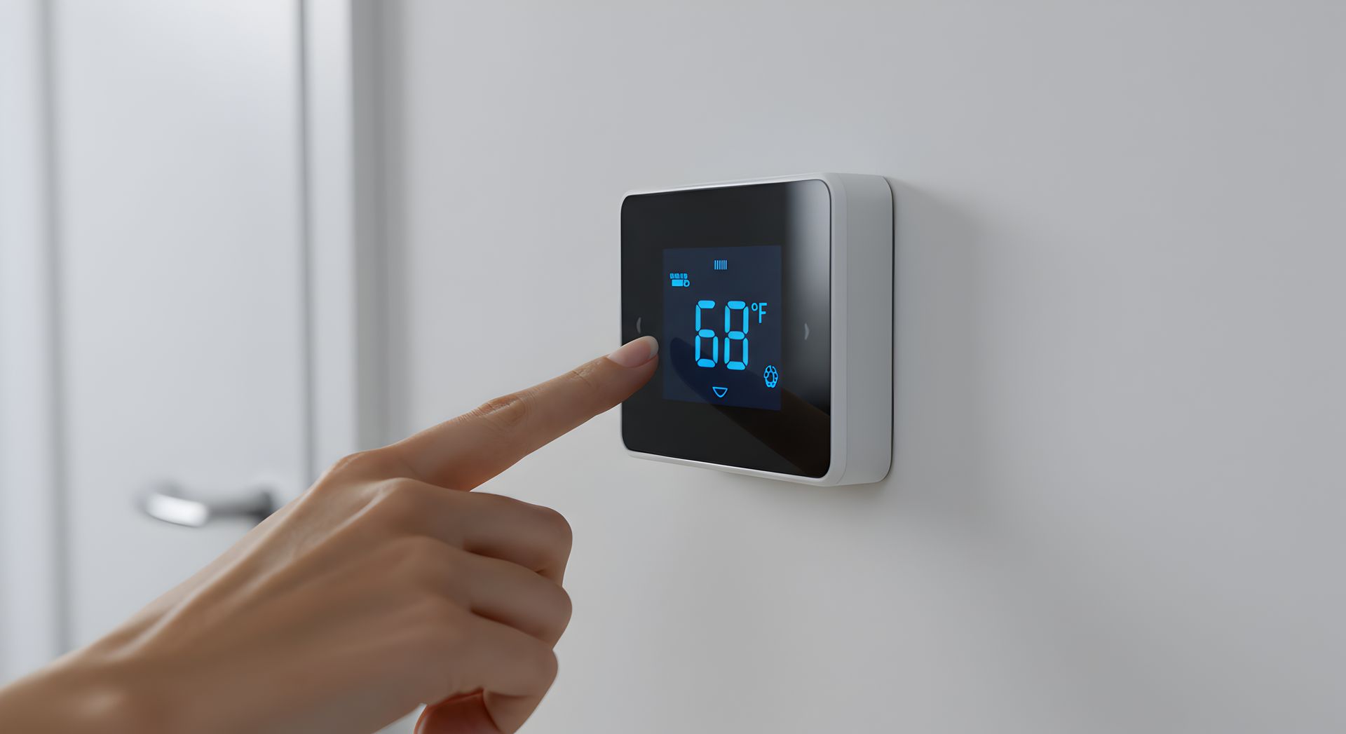 Person's finger touching a digital thermostat set to 68 degrees, mounted on a white wall.
