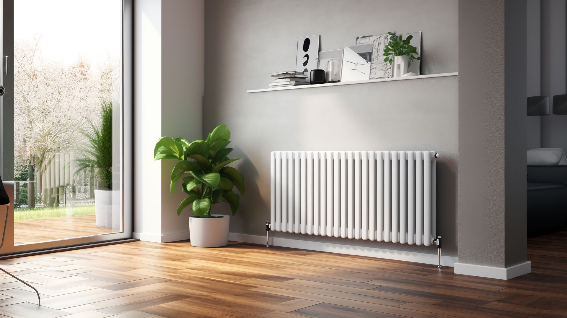 White radiator on gray wall, beneath a shelf with decor. Bright room with a plant and open doorway to a garden.