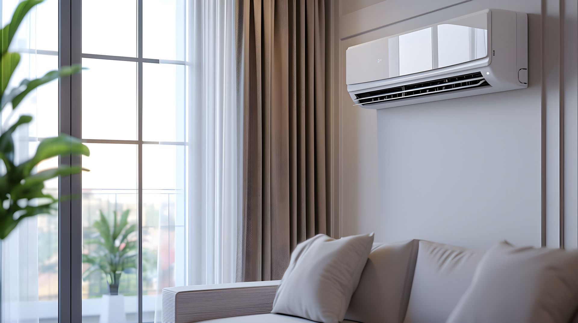 Modern living room with a wall-mounted air conditioner above a beige sofa near large windows.
