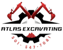 Atlas Excavating logo with red excavator arms and phone number 501-547-7081