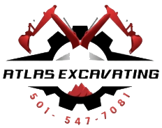 Atlas Excavating logo with red excavator arms and phone number 501-547-7081